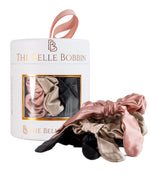 The Belle Bobbin Silk Scrunchies - Original Style - 3 Pack - Black, Champagne & Blush Pink