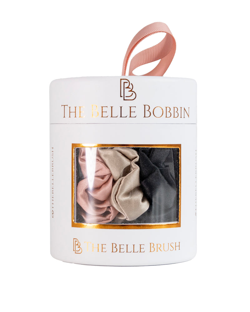 The Belle Bobbin Silk Scrunchies - Original Style - 3 Pack - Black, Champagne & Blush Pink