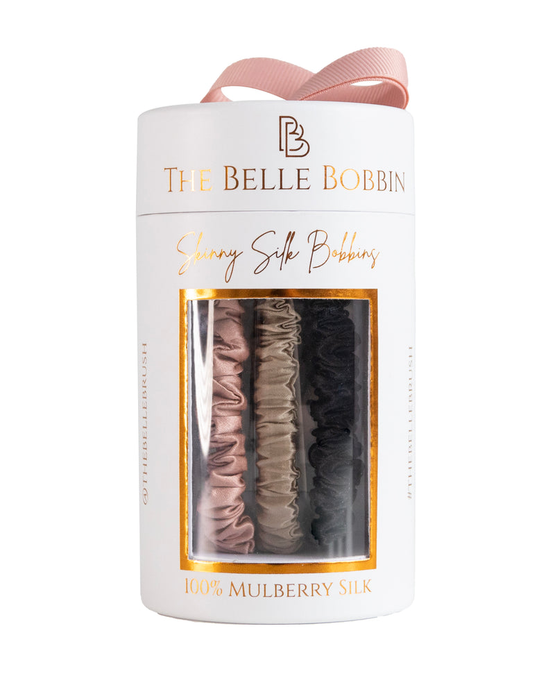 The Belle Bobbin Silk Scrunchies - Skinny Style - 3 Pack - Black, Champagne & Blush Pink