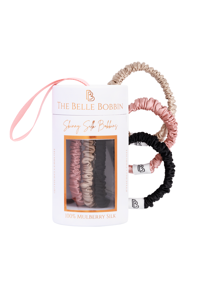 The Belle Bobbin Silk Scrunchies - Skinny Style - 3 Pack - Black, Champagne & Blush Pink