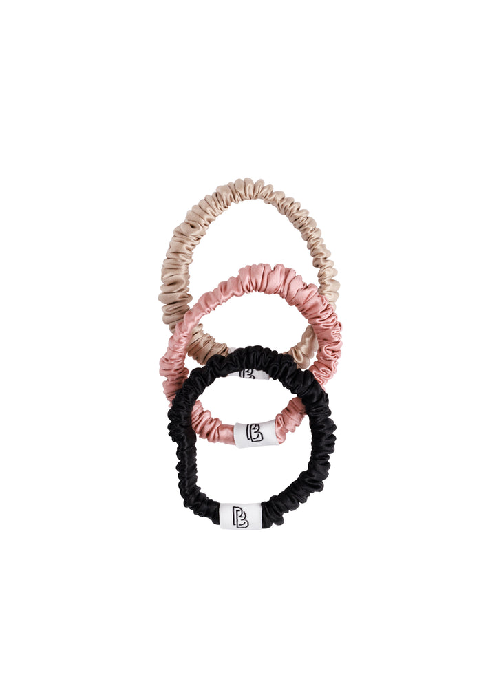 The Belle Bobbin Silk Scrunchies - Skinny Style - 3 Pack - Black, Champagne & Blush Pink