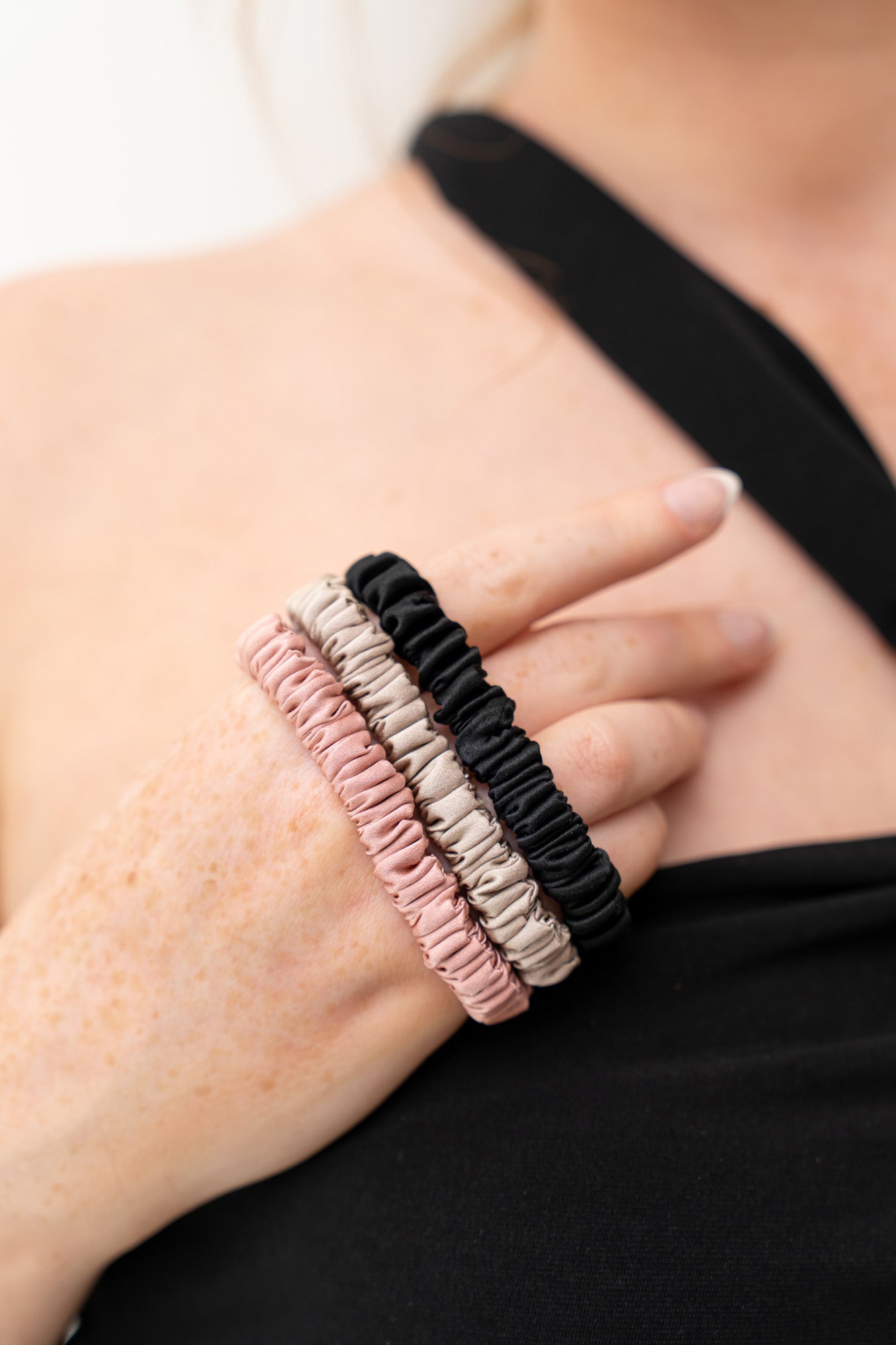 The Silk Scrunchie - Skinny Style - 3 Pack - Black, Champagne & Blush Pink