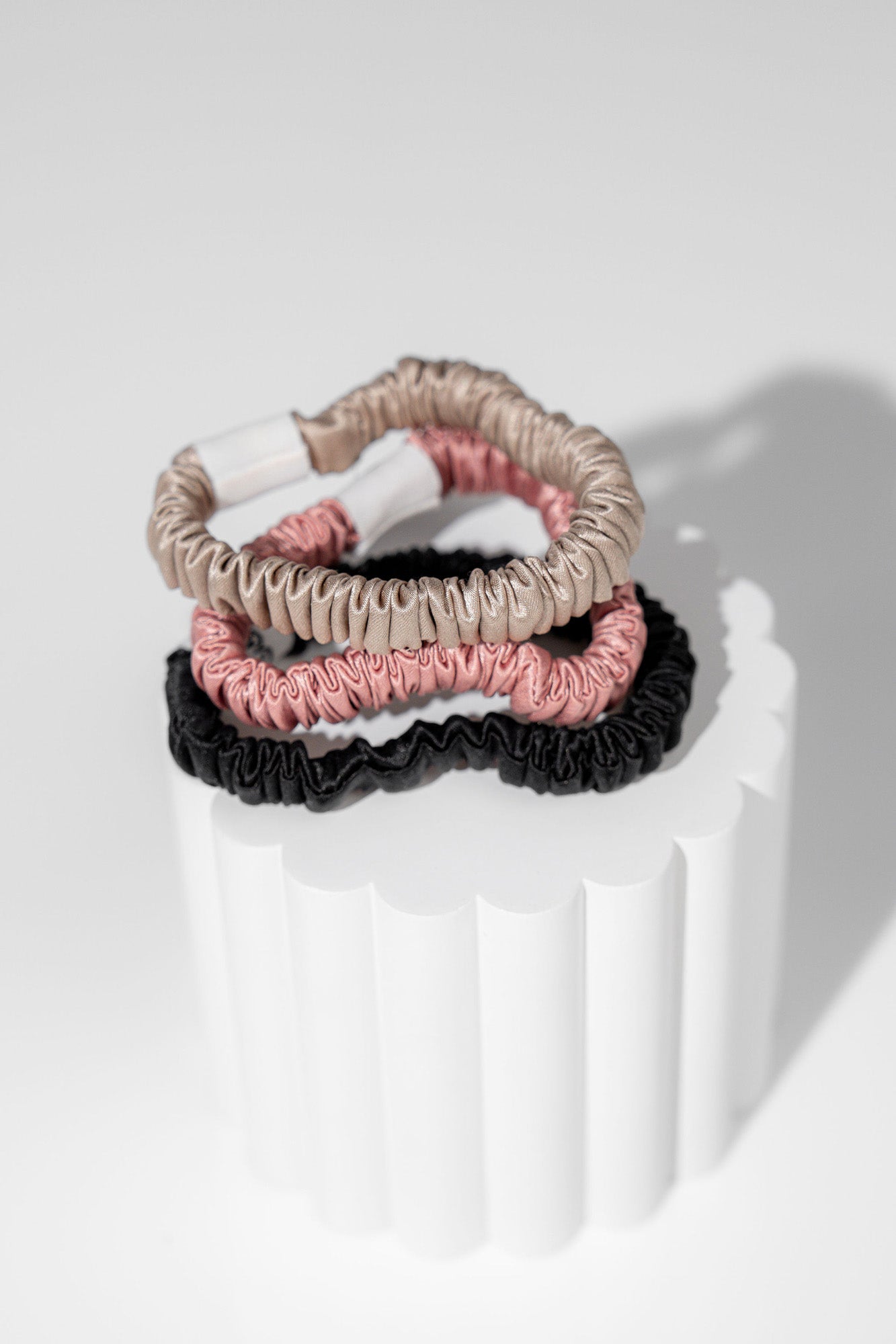 The Silk Scrunchie - Skinny Style - 3 Pack - Black, Champagne & Blush Pink