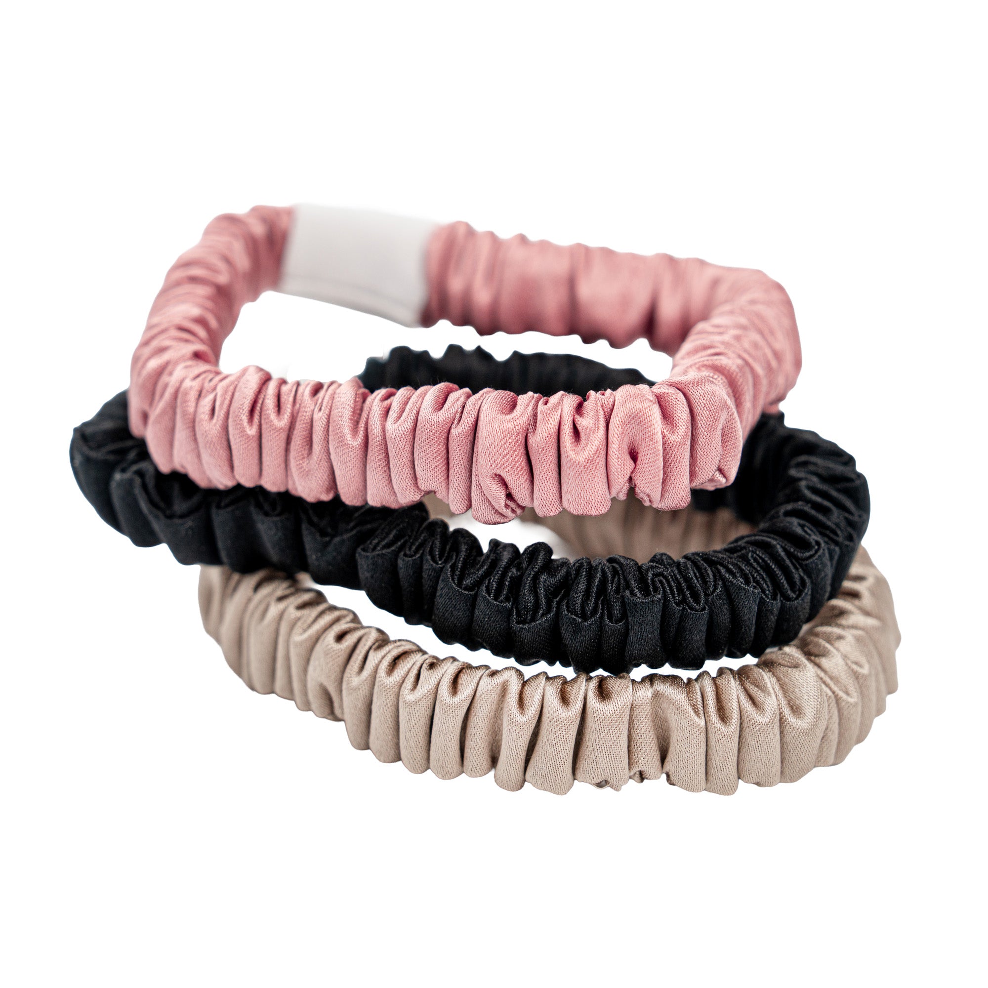 The Silk Scrunchie - Skinny Style - 3 Pack - Black, Champagne & Blush Pink