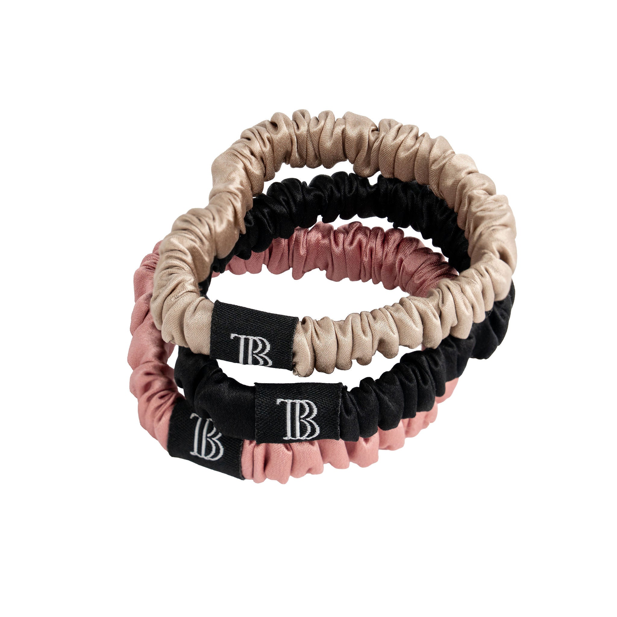 The Silk Scrunchie - Skinny Style - 3 Pack - Black, Champagne & Blush Pink