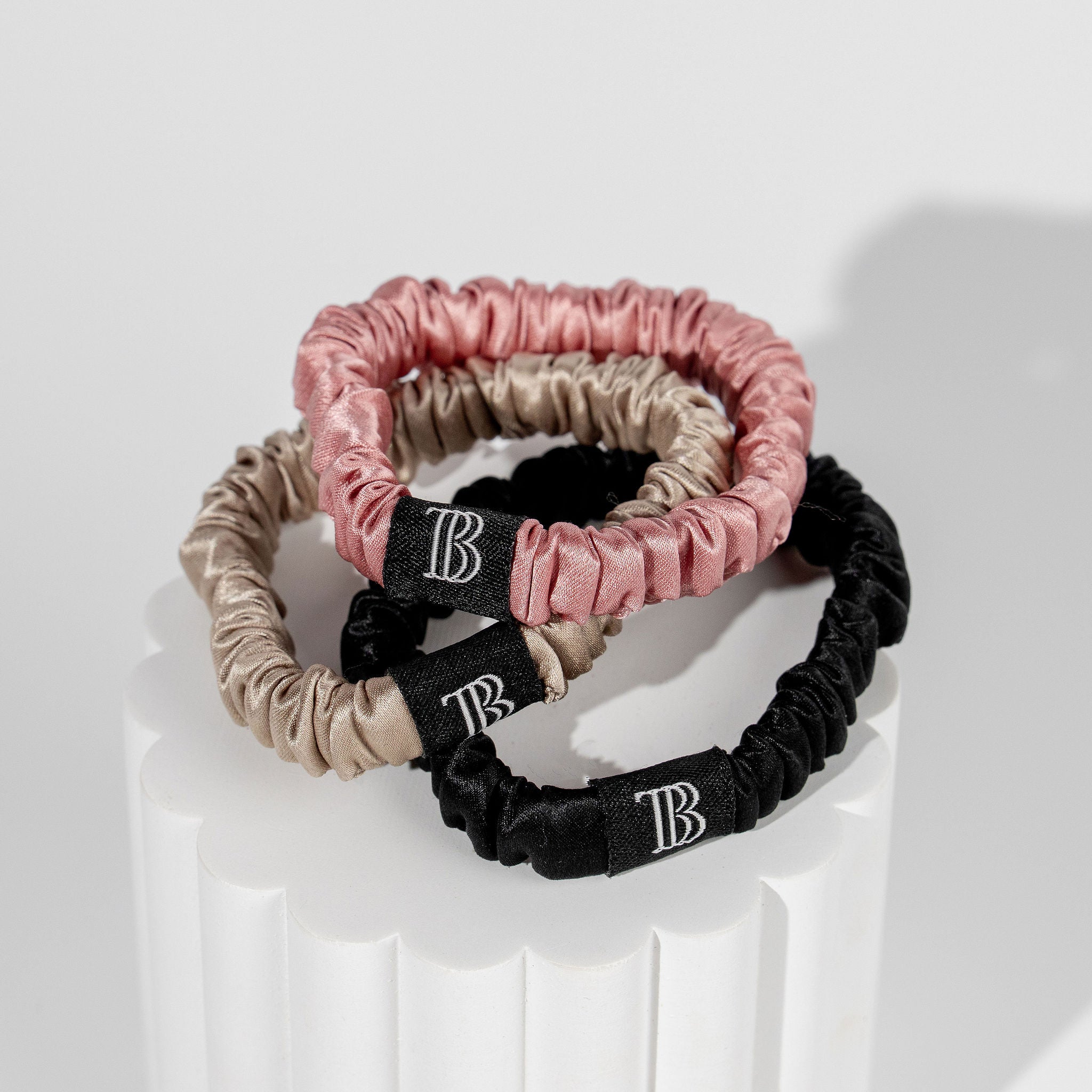 The Silk Scrunchie - Skinny Style - 3 Pack - Black, Champagne & Blush Pink